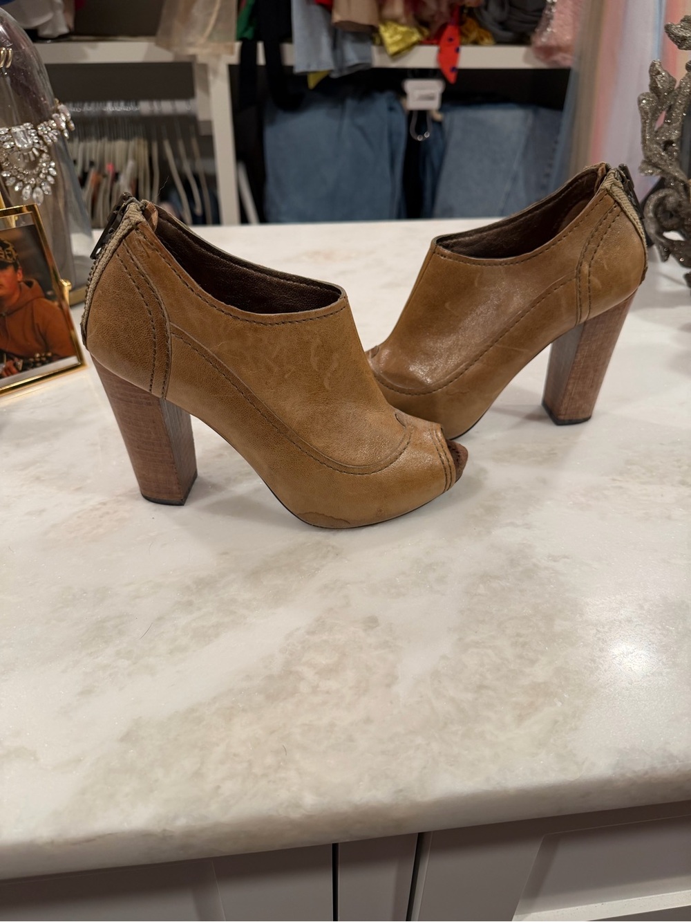 Women's Tan Peep-Toe High Heel Booties Apepazza